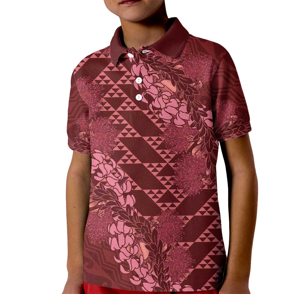 Maroon Aloha Hawaii Kid Polo Shirt Hawaiian Kakau Ohia Lehua Lei - Polynesian Pride