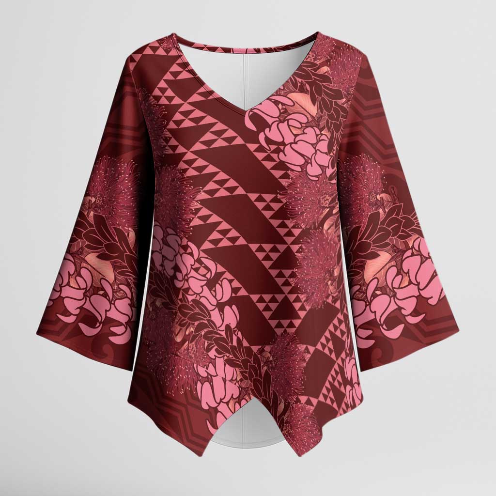 Maroon Aloha Hawaii Kimono Sleeve Blouse Hawaiian Kakau Ohia Lehua Lei - Polynesian Pride
