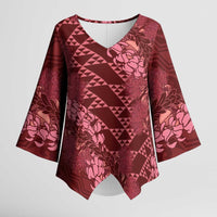 Maroon Aloha Hawaii Kimono Sleeve Blouse Hawaiian Kakau Ohia Lehua Lei - Polynesian Pride