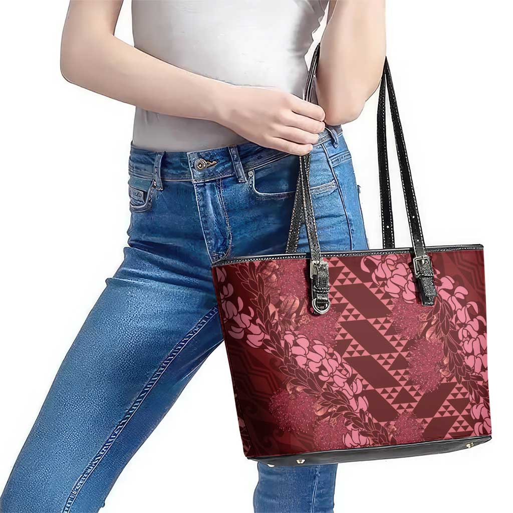 Maroon Aloha Hawaii Leather Tote Bag Hawaiian Kakau Ohia Lehua Lei - Polynesian Pride