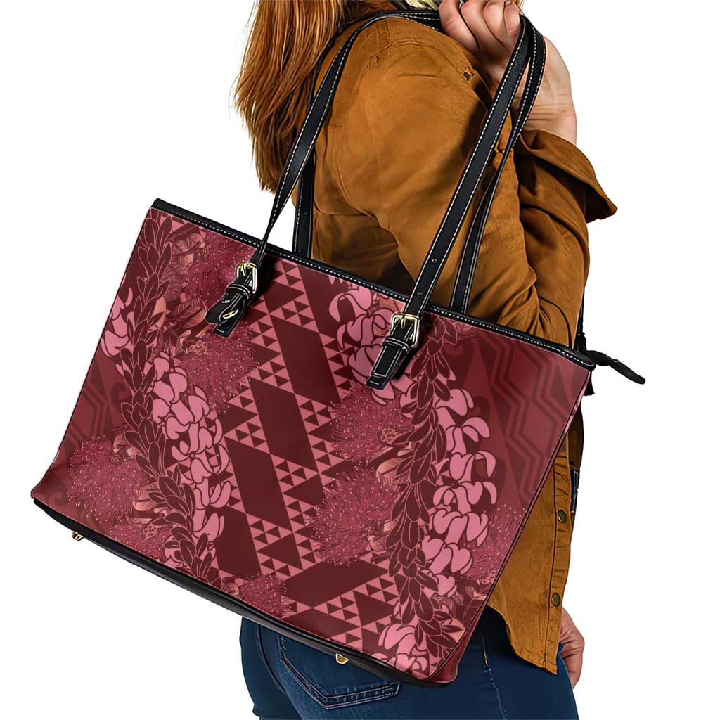 Maroon Aloha Hawaii Leather Tote Bag Hawaiian Kakau Ohia Lehua Lei - Polynesian Pride
