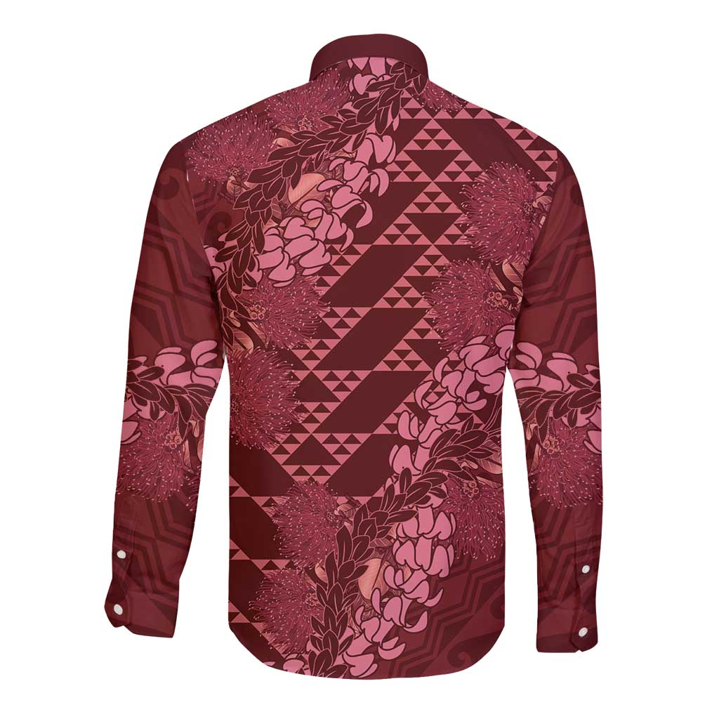Maroon Aloha Hawaii Long Sleeve Button Shirt Hawaiian Kakau Ohia Lehua Lei - Polynesian Pride