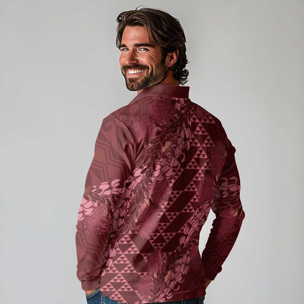 Maroon Aloha Hawaii Long Sleeve Polo Shirt Hawaiian Kakau Ohia Lehua Lei - Polynesian Pride