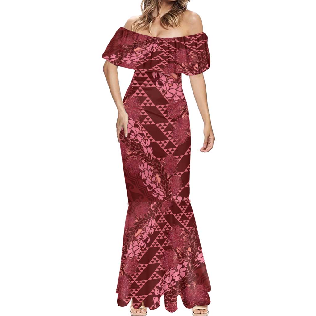Maroon Aloha Hawaii Mermaid Dress Hawaiian Kakau Ohia Lehua Lei Maroon Aloha Hawaii Mermaid Dress Hawaiian Kakau Ohia Lehua Lei