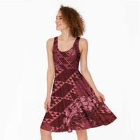 Maroon Aloha Hawaii Midi Dress Hawaiian Kakau Ohia Lehua Lei - Polynesian Pride