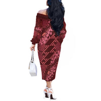 Maroon Aloha Hawaii Off The Shoulder Long Sleeve Dress Hawaiian Kakau Ohia Lehua Lei - Polynesian Pride