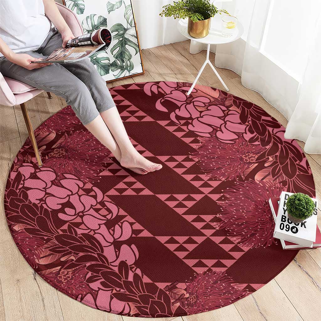 Maroon Aloha Hawaii Round Carpet Hawaiian Kakau Ohia Lehua Lei - Polynesian Pride