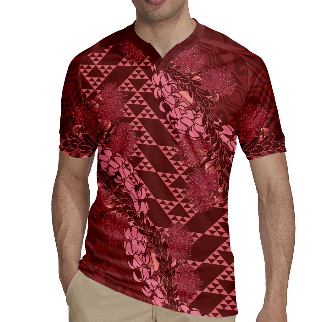 Maroon Aloha Hawaii Rugby Jersey Hawaiian Kakau Ohia Lehua Lei - Polynesian Pride
