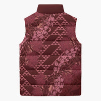 Maroon Aloha Hawaii Sleeveless Puffer Jacket Hawaiian Kakau Ohia Lehua Lei - Polynesian Pride