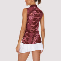 Maroon Aloha Hawaii Women Sleeveless Polo Shirt Hawaiian Kakau Ohia Lehua Lei - Polynesian Pride