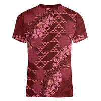 Maroon Aloha Hawaii Women V-Neck T-Shirt Hawaiian Kakau Ohia Lehua Lei - Polynesian Pride