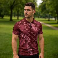 Maroon Aloha Hawaii Zipper Polo Shirt Hawaiian Kakau Ohia Lehua Lei - Polynesian Pride