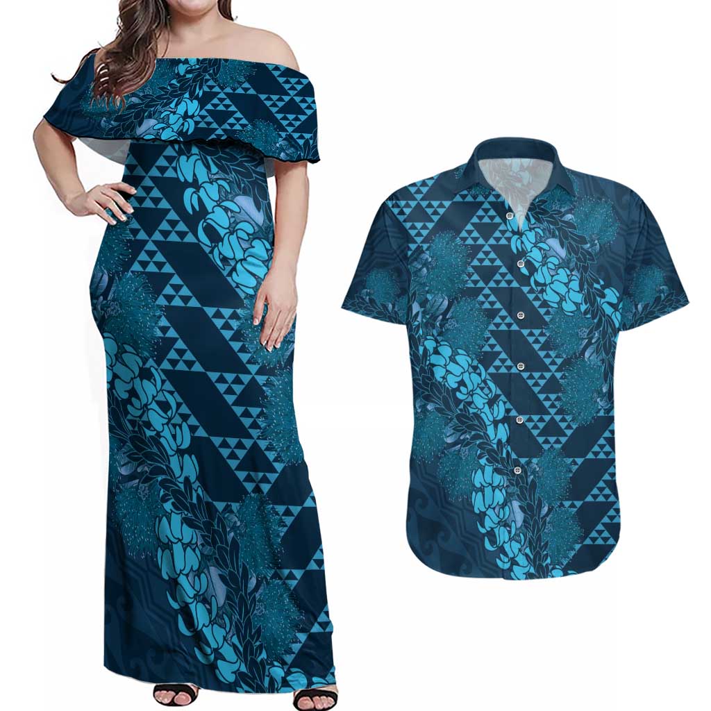 Naval Night Aloha Hawaii Couples Matching Off Shoulder Maxi Dress and Hawaiian Shirt Hawaiian Kakau Ohia Lehua Lei - Polynesian Pride