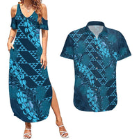 Naval Night Aloha Hawaii Couples Matching Summer Maxi Dress and Hawaiian Shirt Hawaiian Kakau Ohia Lehua Lei - Polynesian Pride
