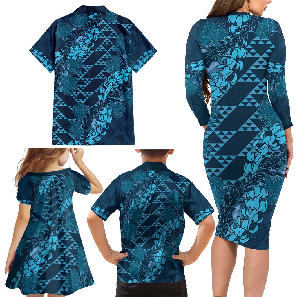 Naval Night Aloha Hawaii Family Matching Long Sleeve Bodycon Dress and Hawaiian Shirt Hawaiian Kakau Ohia Lehua Lei - Polynesian Pride