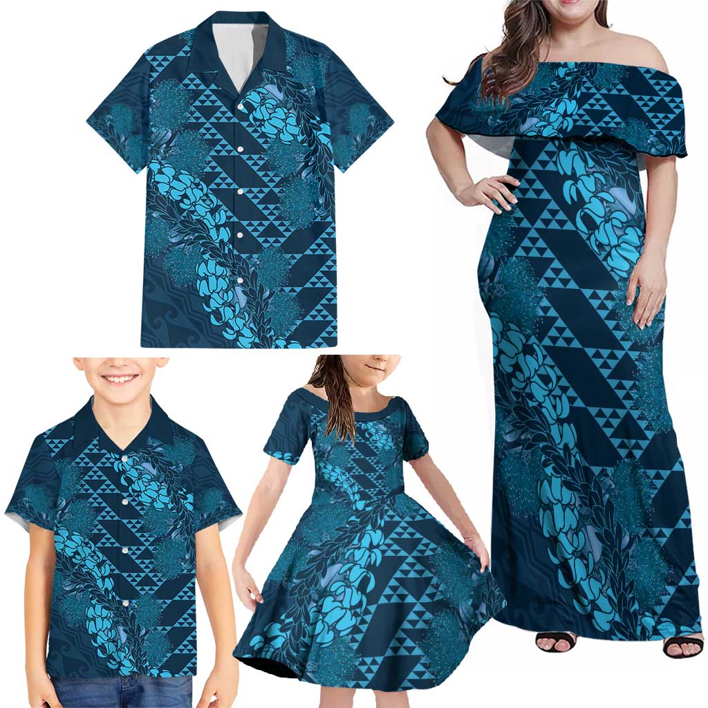 Naval Night Aloha Hawaii Family Matching Off Shoulder Maxi Dress and Hawaiian Shirt Hawaiian Kakau Ohia Lehua Lei - Polynesian Pride
