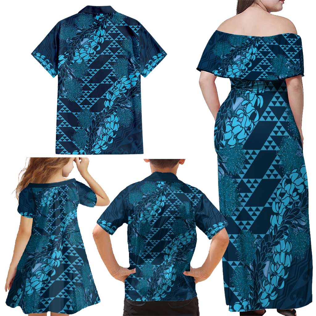Naval Night Aloha Hawaii Family Matching Off Shoulder Maxi Dress and Hawaiian Shirt Hawaiian Kakau Ohia Lehua Lei - Polynesian Pride