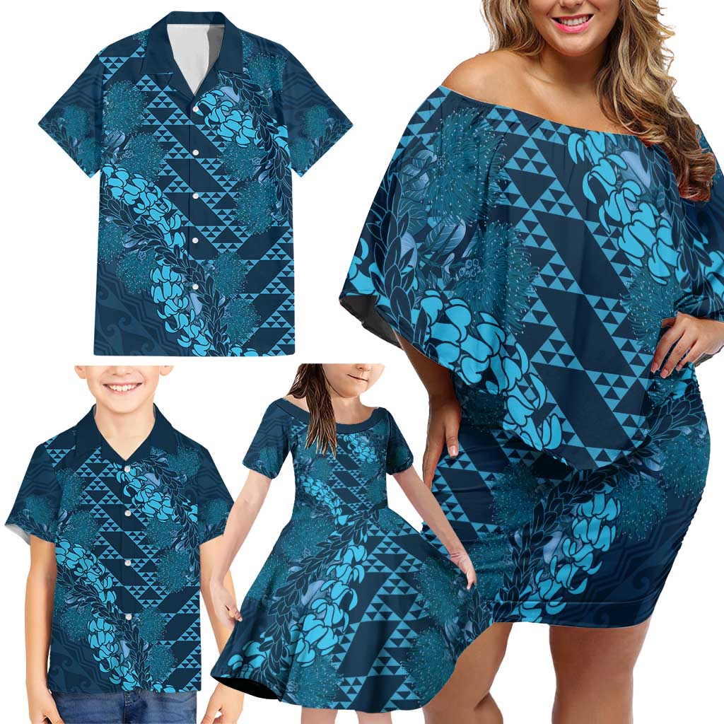 Naval Night Aloha Hawaii Family Matching Off Shoulder Short Dress and Hawaiian Shirt Hawaiian Kakau Ohia Lehua Lei - Polynesian Pride