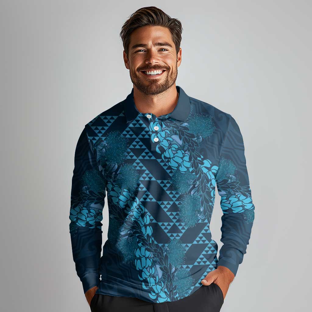 Naval Night Aloha Hawaii Long Sleeve Polo Shirt Hawaiian Kakau Ohia Lehua Lei - Polynesian Pride
