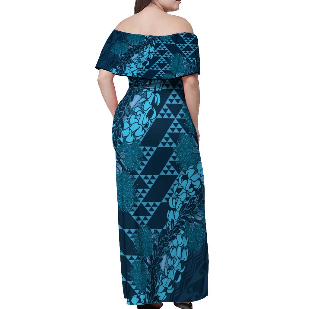 Naval Night Aloha Hawaii Off Shoulder Maxi Dress Hawaiian Kakau Ohia Lehua Lei - Polynesian Pride