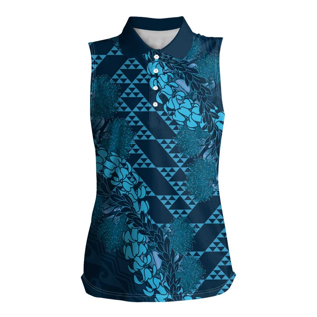 Naval Night Aloha Hawaii Women Sleeveless Polo Shirt Hawaiian Kakau Ohia Lehua Lei - Polynesian Pride