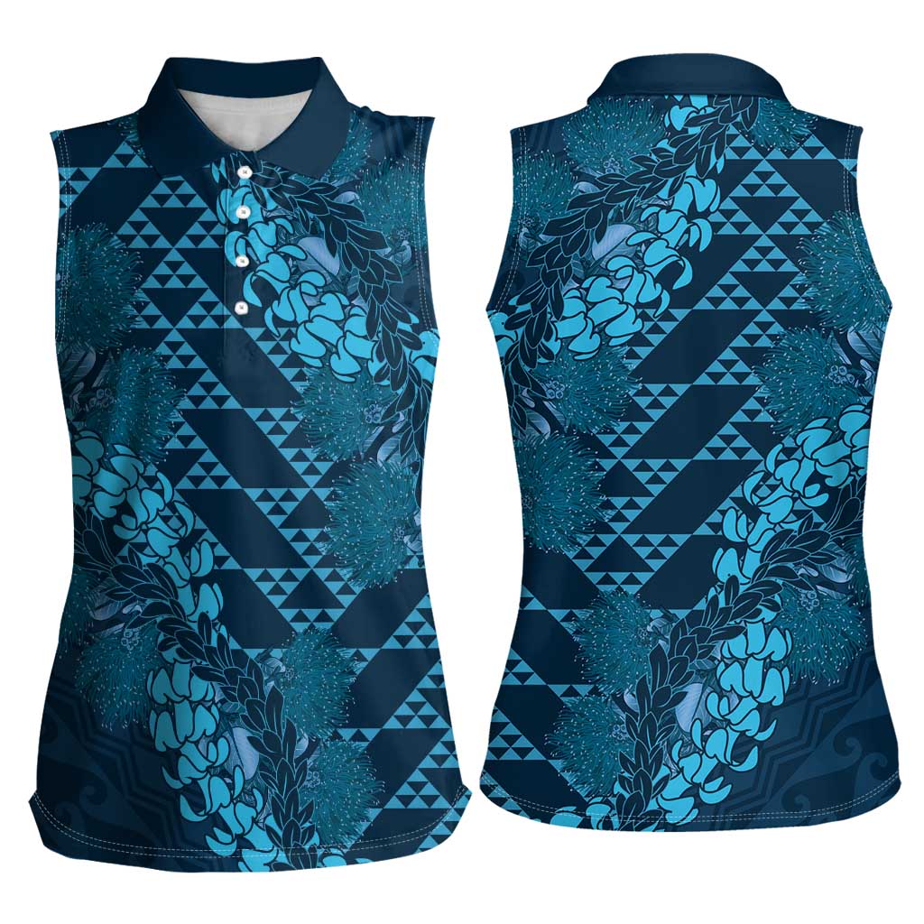 Naval Night Aloha Hawaii Women Sleeveless Polo Shirt Hawaiian Kakau Ohia Lehua Lei - Polynesian Pride