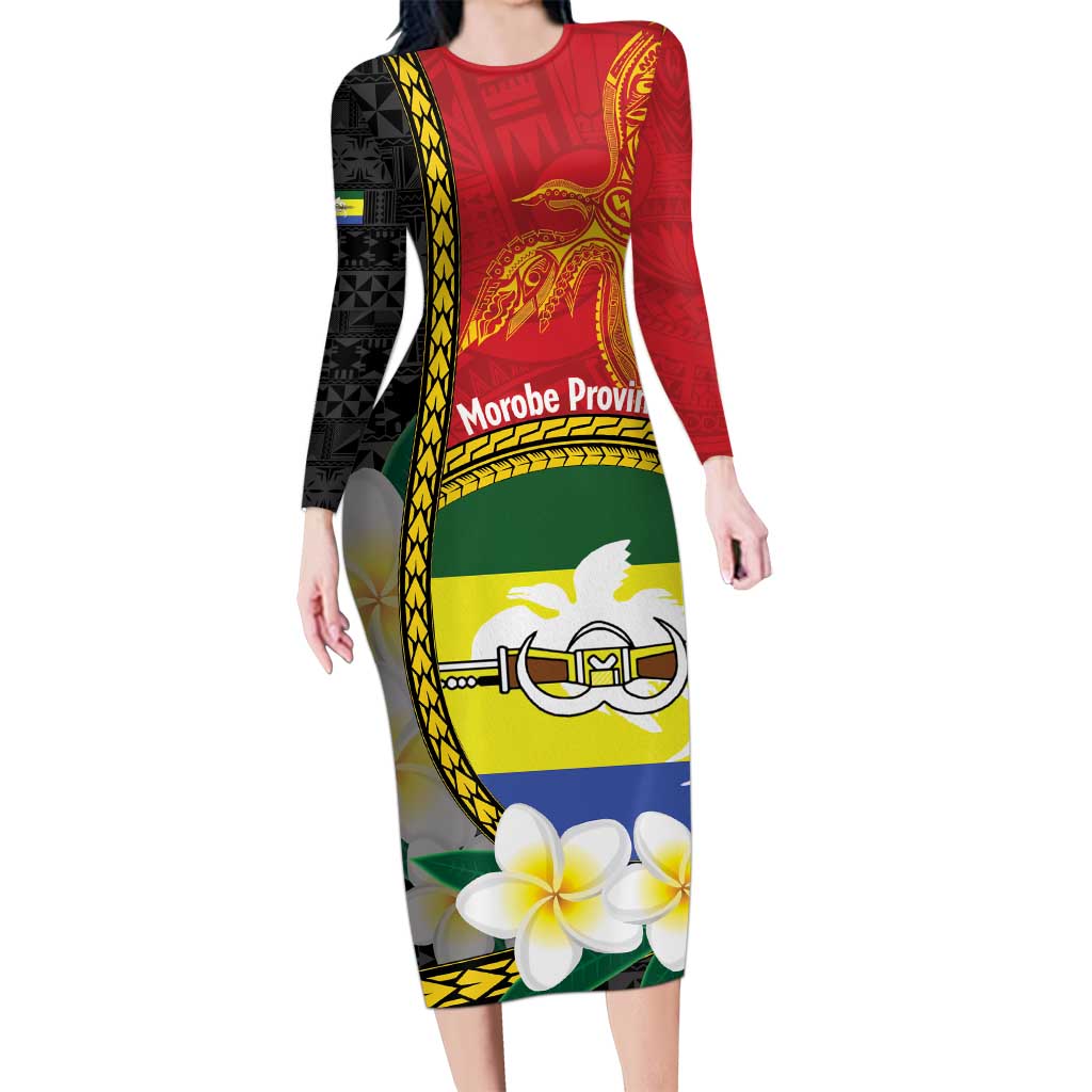 Personalised PNG Morobe Provins Family Matching Long Sleeve Bodycon Dress and Hawaiian Shirt Papua New Guinea Plumeria Melanesian Pattern - Polynesian Pride