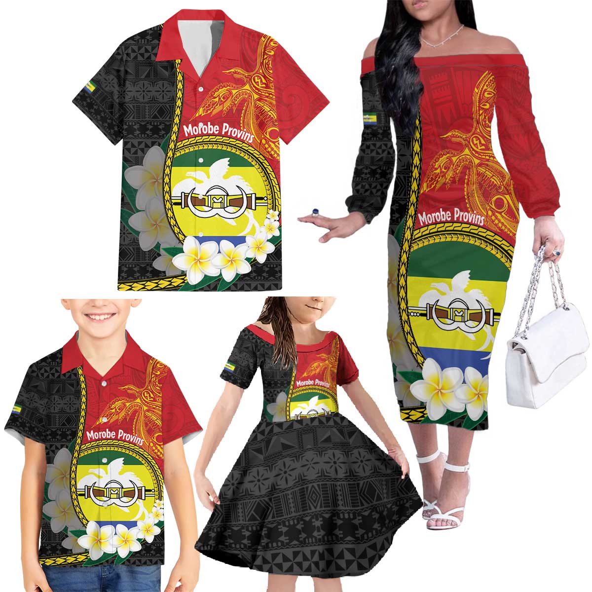 Personalised PNG Morobe Provins Family Matching Off The Shoulder Long Sleeve Dress and Hawaiian Shirt Papua New Guinea Plumeria Melanesian Pattern - Polynesian Pride