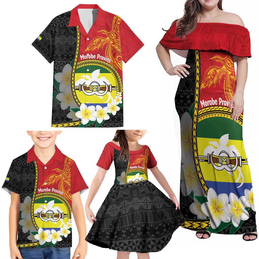 Personalised PNG Morobe Provins Family Matching Off Shoulder Maxi Dress and Hawaiian Shirt Papua New Guinea Plumeria Melanesian Pattern - Polynesian Pride
