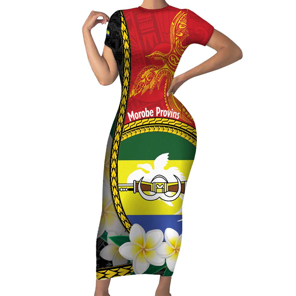 Personalised PNG Morobe Provins Short Sleeve Bodycon Dress Papua New Guinea Plumeria Melanesian Pattern - Polynesian Pride