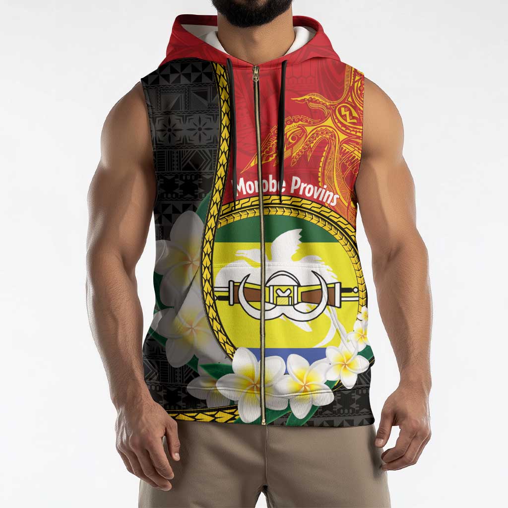 Personalised PNG Morobe Provins Sleeveless Zip Hoodie Papua New Guinea Plumeria Melanesian Pattern - Polynesian Pride