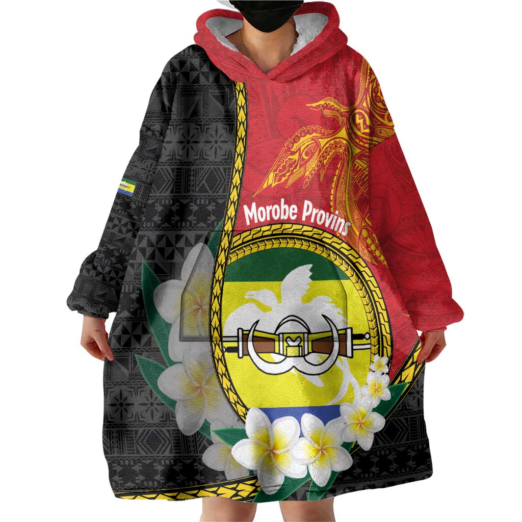 Personalised PNG Morobe Provins Wearable Blanket Hoodie Papua New Guinea Plumeria Melanesian Pattern - Polynesian Pride