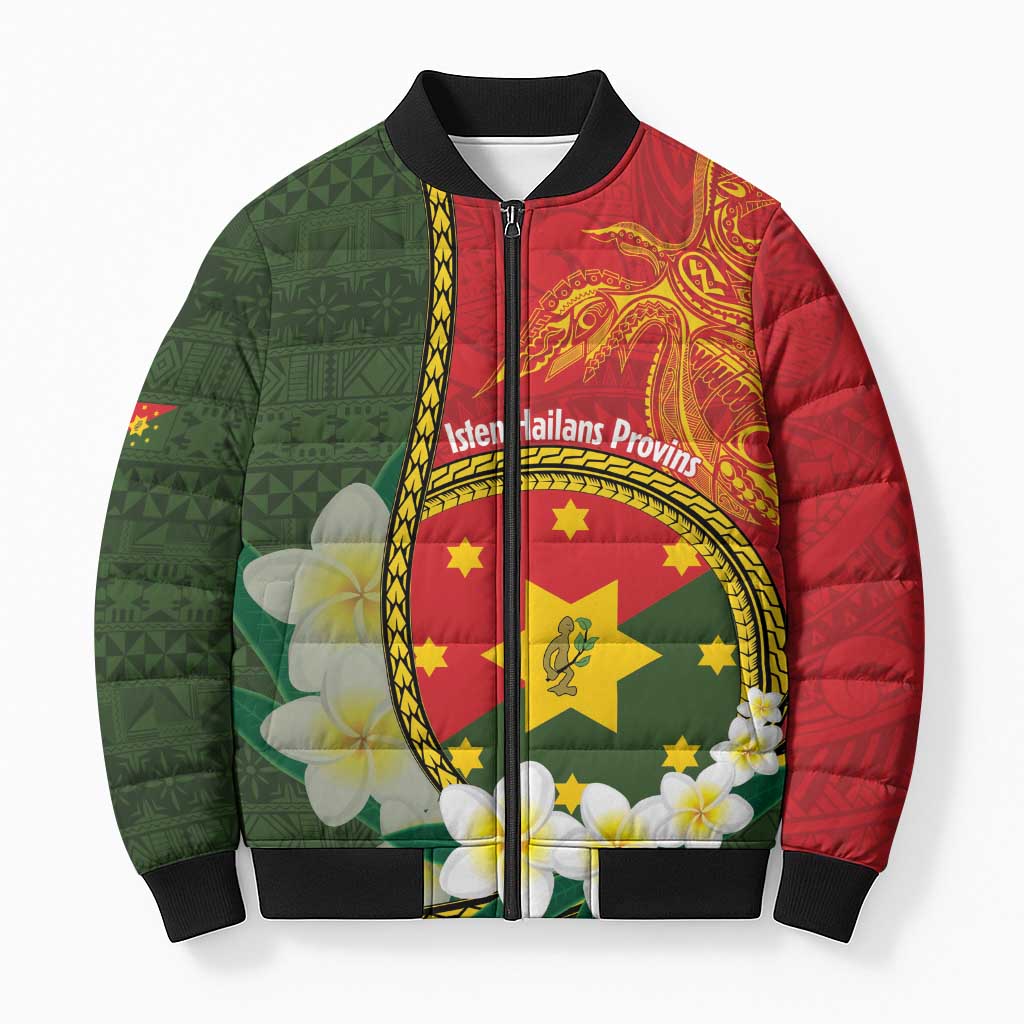 Personalised PNG Isten Hailans Provins Bomber Puffer Jacket Papua New Guinea Plumeria Melanesian Pattern - Polynesian Pride