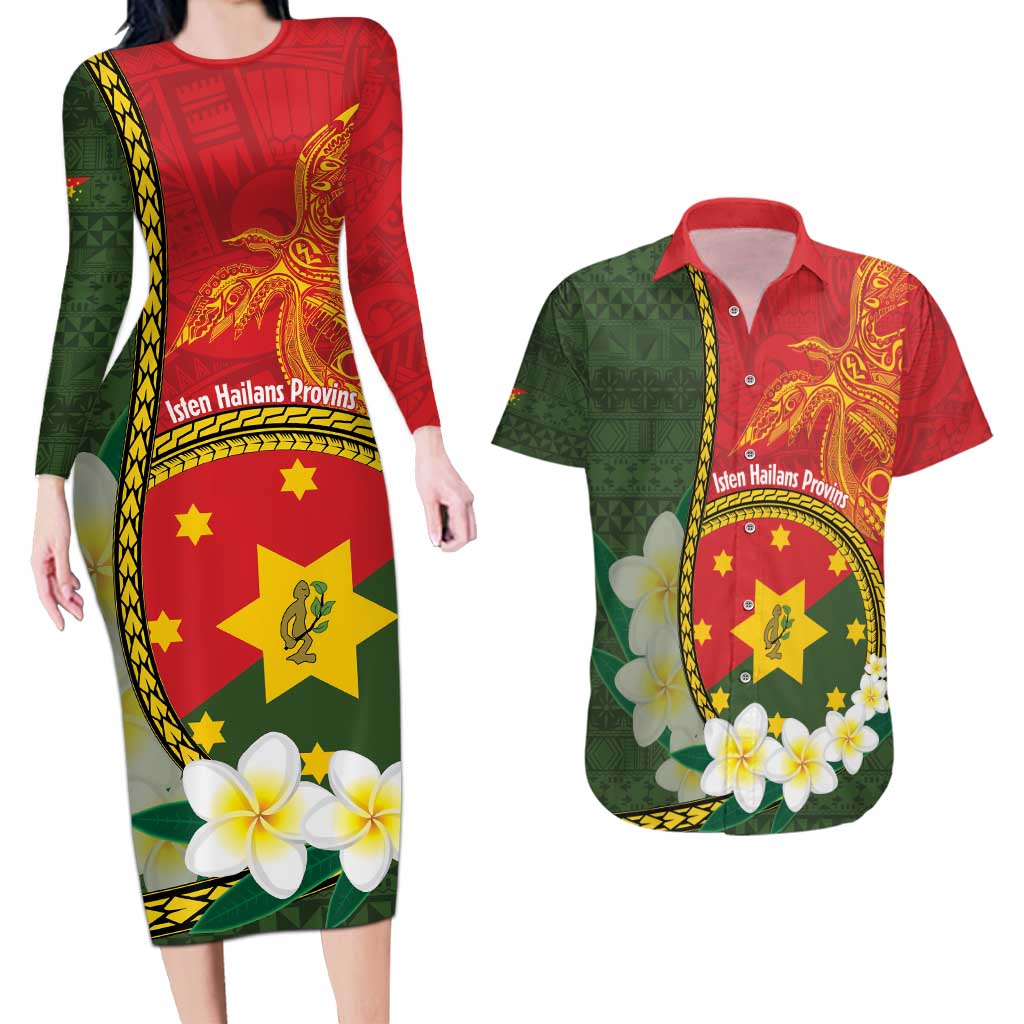 Personalised PNG Isten Hailans Provins Couples Matching Long Sleeve Bodycon Dress and Hawaiian Shirt Papua New Guinea Plumeria Melanesian Pattern - Polynesian Pride