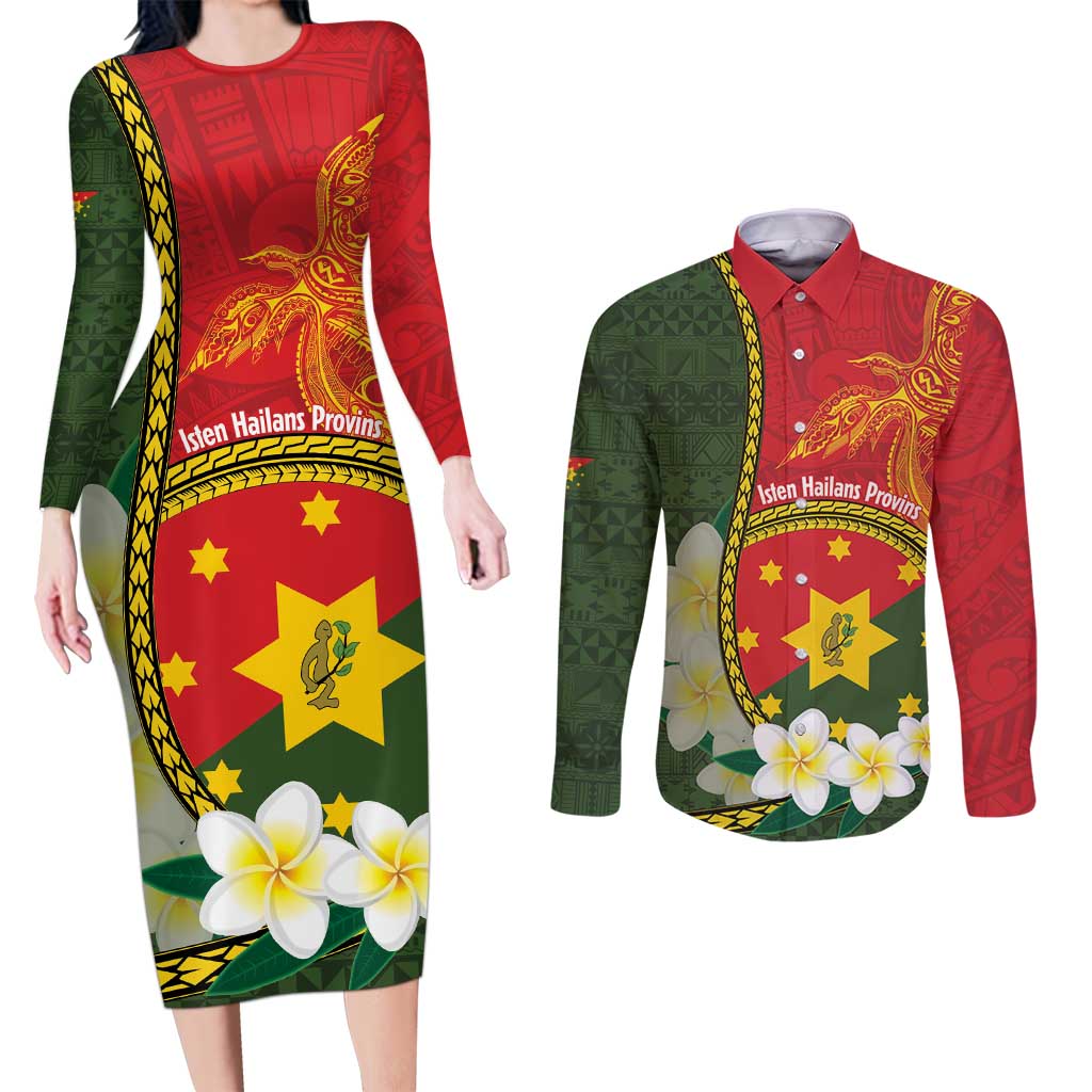 Personalised PNG Isten Hailans Provins Couples Matching Long Sleeve Bodycon Dress and Long Sleeve Button Shirt Papua New Guinea Plumeria Melanesian Pattern - Polynesian Pride