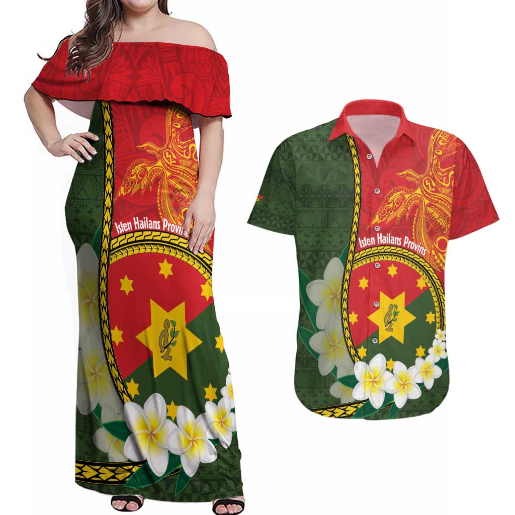 Personalised PNG Isten Hailans Provins Couples Matching Off Shoulder Maxi Dress and Hawaiian Shirt Papua New Guinea Plumeria Melanesian Pattern - Polynesian Pride