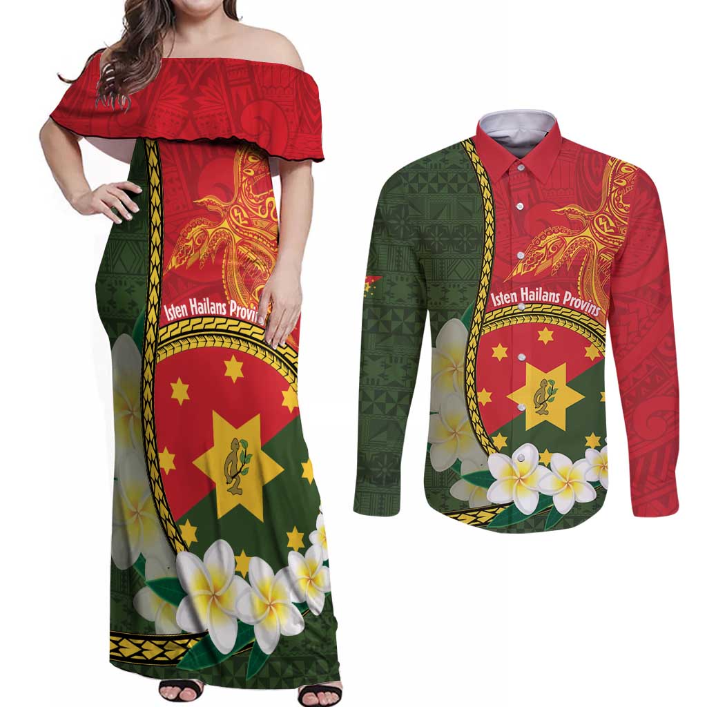 Personalised PNG Isten Hailans Provins Couples Matching Off Shoulder Maxi Dress and Long Sleeve Button Shirt Papua New Guinea Plumeria Melanesian Pattern - Polynesian Pride