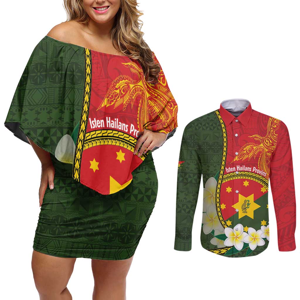 Personalised PNG Isten Hailans Provins Couples Matching Off Shoulder Short Dress and Long Sleeve Button Shirt Papua New Guinea Plumeria Melanesian Pattern - Polynesian Pride