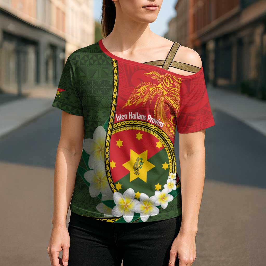 Personalised PNG Isten Hailans Provins Cross Shoulder Shirt Papua New Guinea Plumeria Melanesian Pattern - Polynesian Pride
