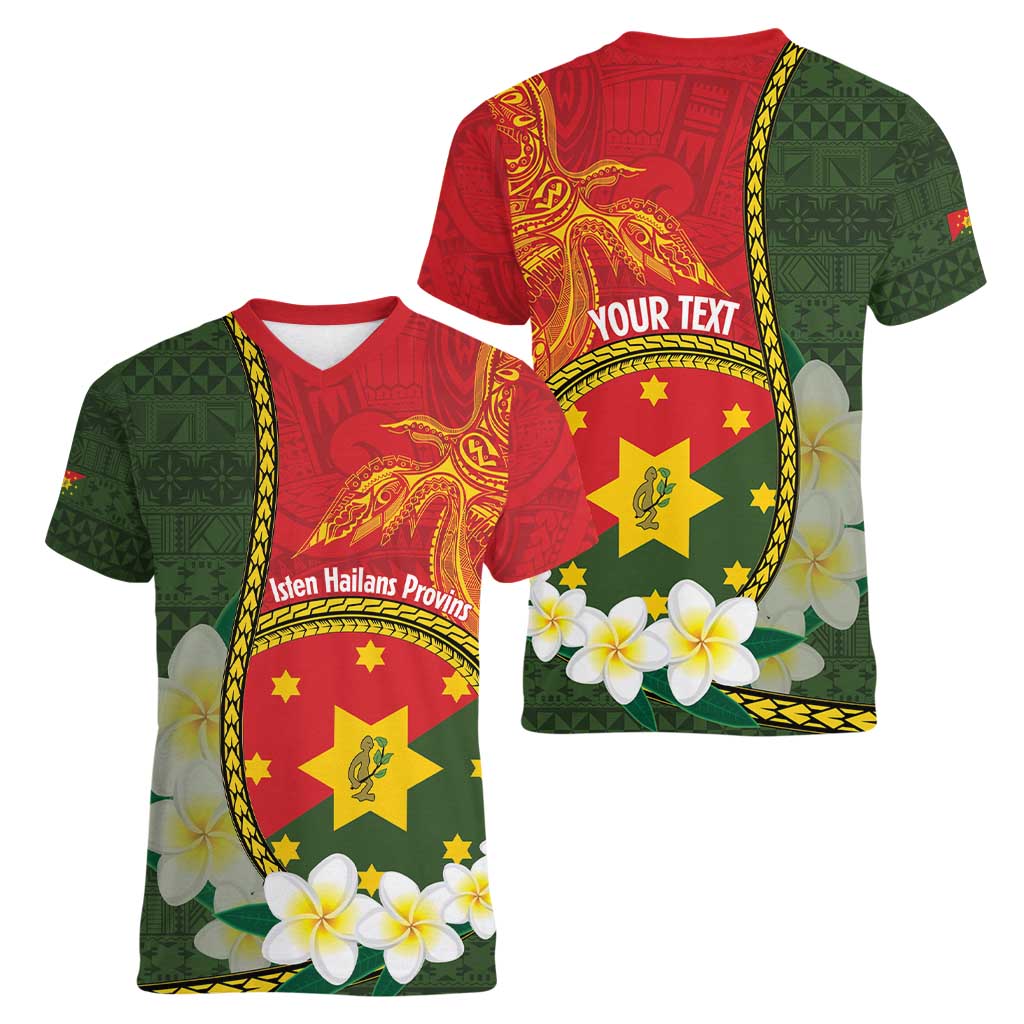 Personalised PNG Isten Hailans Provins Women V-Neck T-Shirt Papua New Guinea Plumeria Melanesian Pattern - Polynesian Pride