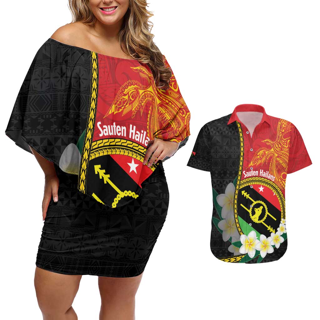 Personalised PNG Sauten Hailans Couples Matching Off Shoulder Short Dress and Hawaiian Shirt Papua New Guinea Plumeria Melanesian Pattern - Polynesian Pride