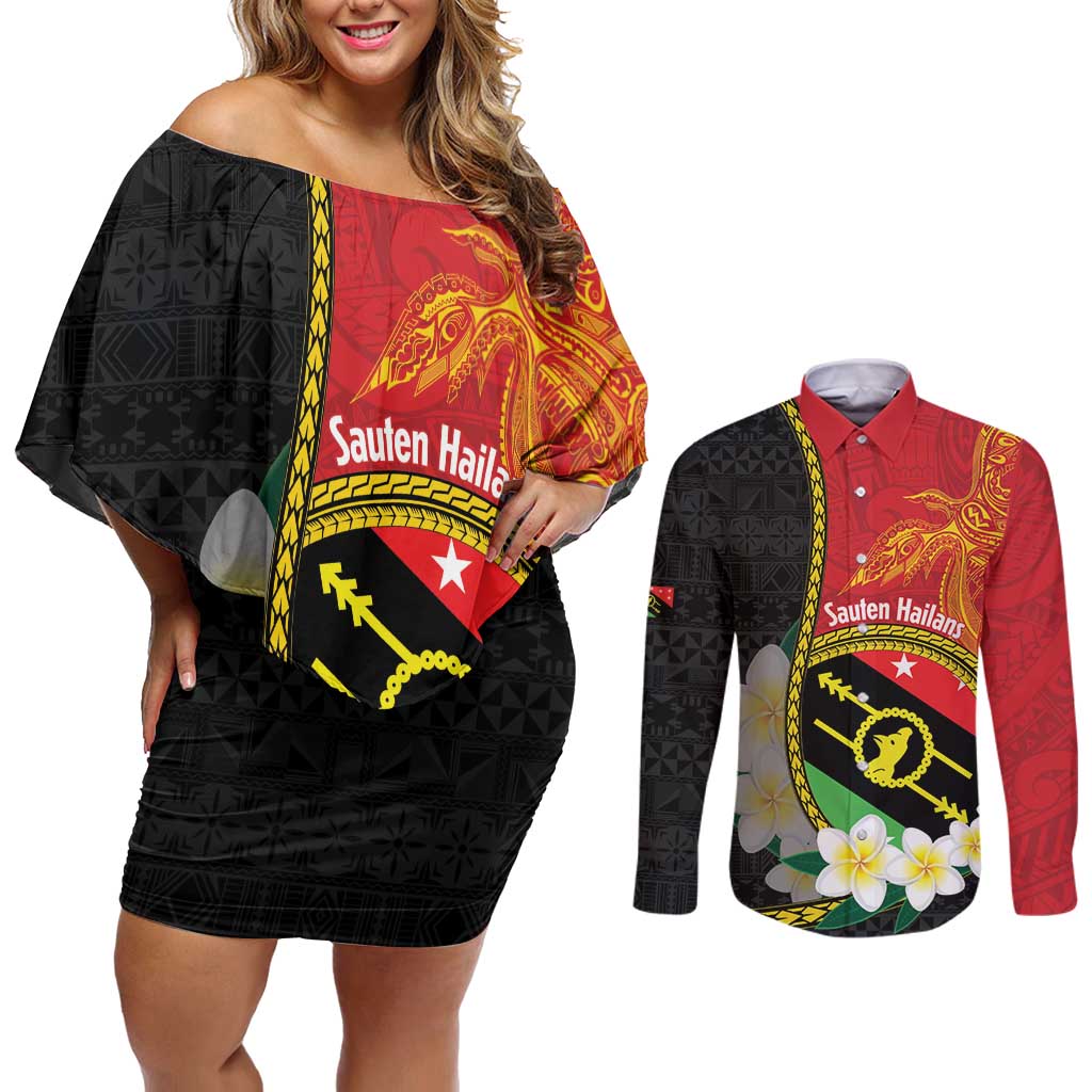 Personalised PNG Sauten Hailans Couples Matching Off Shoulder Short Dress and Long Sleeve Button Shirt Papua New Guinea Plumeria Melanesian Pattern - Polynesian Pride