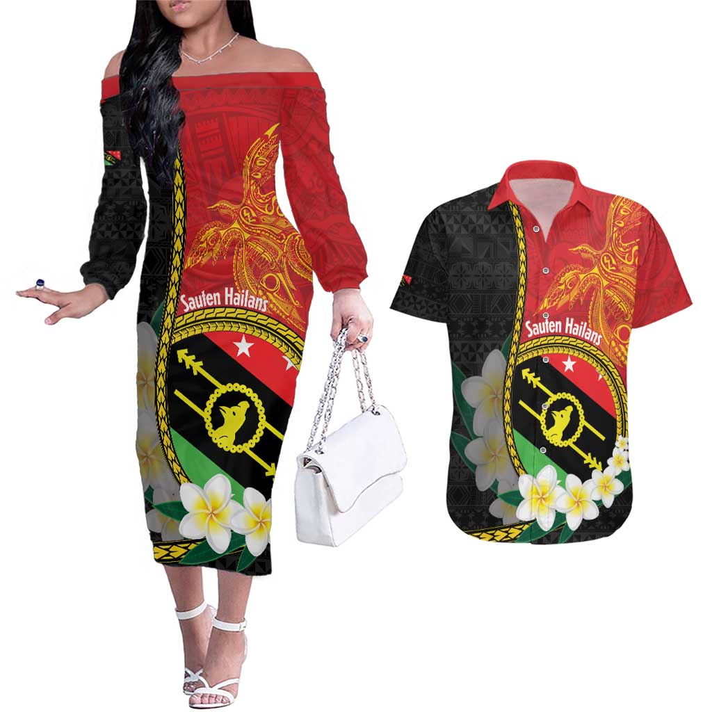Personalised PNG Sauten Hailans Couples Matching Off The Shoulder Long Sleeve Dress and Hawaiian Shirt Papua New Guinea Plumeria Melanesian Pattern - Polynesian Pride