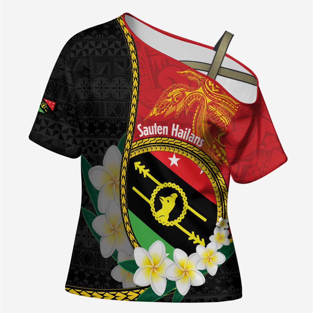 Personalised PNG Sauten Hailans Cross Shoulder Shirt Papua New Guinea Plumeria Melanesian Pattern - Polynesian Pride
