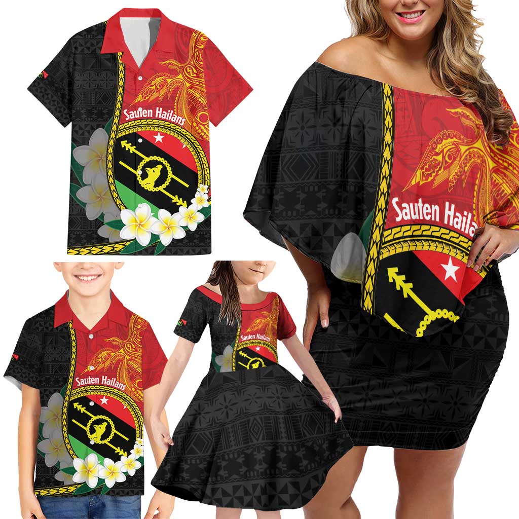 Personalised PNG Sauten Hailans Family Matching Off Shoulder Short Dress and Hawaiian Shirt Papua New Guinea Plumeria Melanesian Pattern - Polynesian Pride