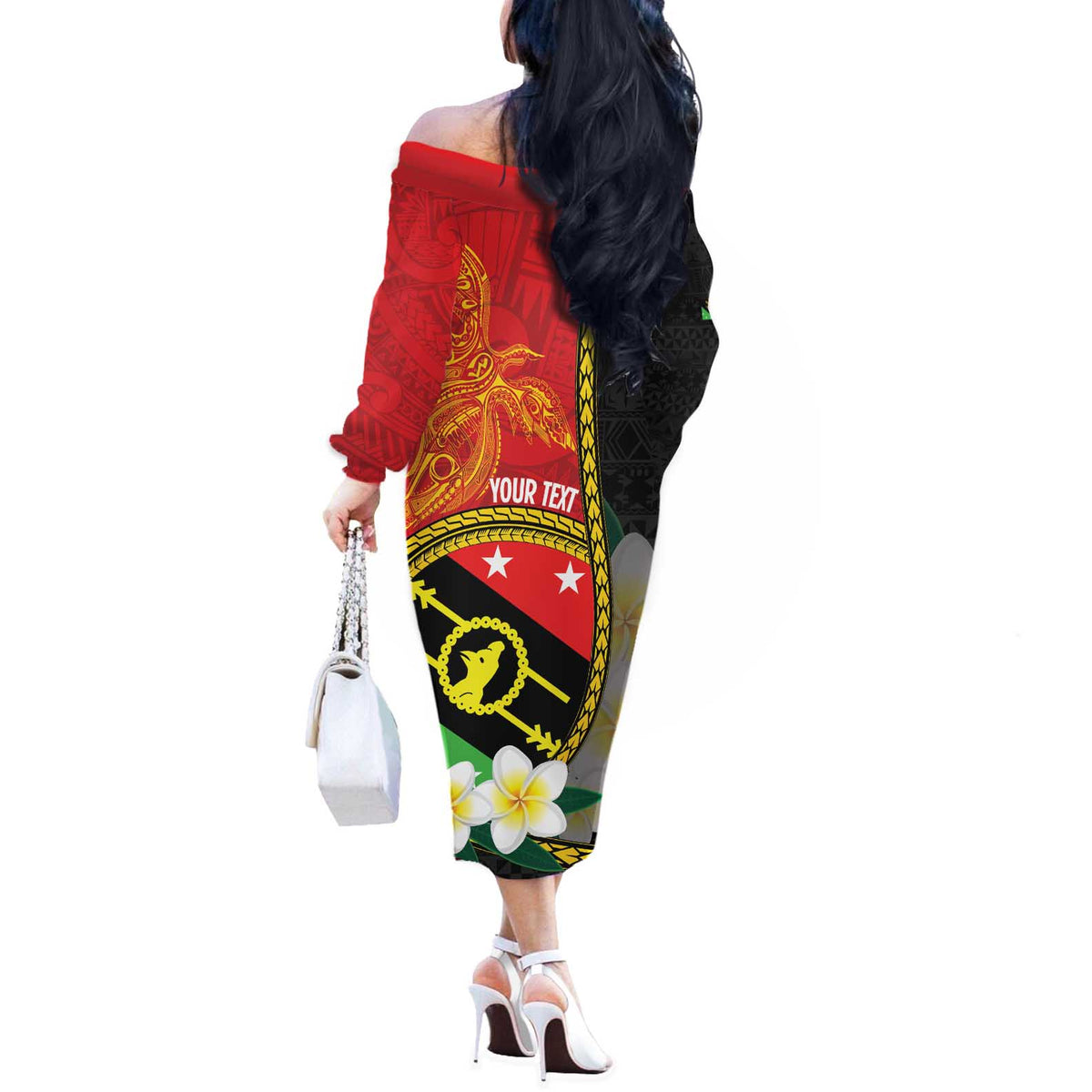 Personalised PNG Sauten Hailans Off The Shoulder Long Sleeve Dress Papua New Guinea Plumeria Melanesian Pattern - Polynesian Pride