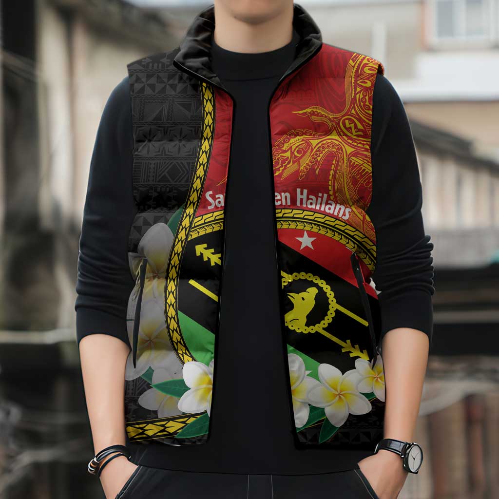 Personalised PNG Sauten Hailans Sleeveless Puffer Jacket Papua New Guinea Plumeria Melanesian Pattern - Polynesian Pride