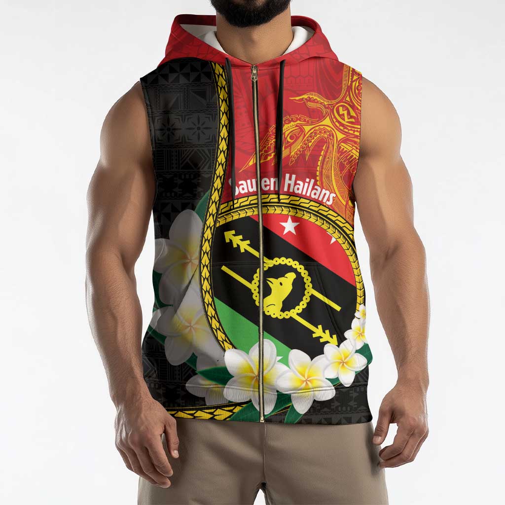 Personalised PNG Sauten Hailans Sleeveless Zip Hoodie Papua New Guinea Plumeria Melanesian Pattern - Polynesian Pride