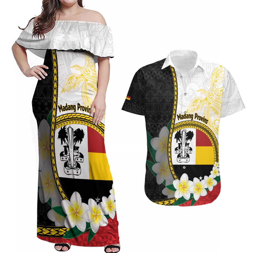 Personalised PNG Madang Provins Couples Matching Off Shoulder Maxi Dress and Hawaiian Shirt Papua New Guinea Plumeria Melanesian Pattern - Polynesian Pride