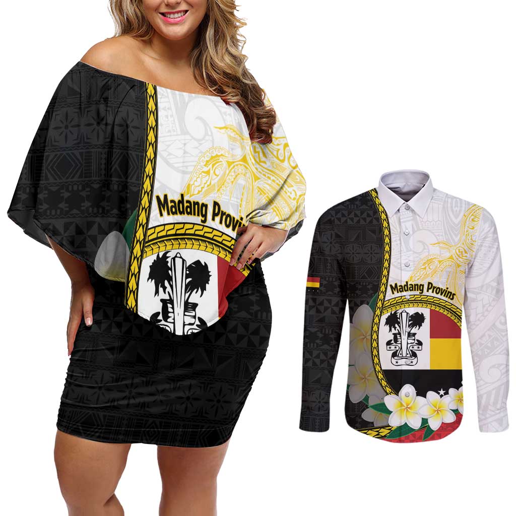 Personalised PNG Madang Provins Couples Matching Off Shoulder Short Dress and Long Sleeve Button Shirt Papua New Guinea Plumeria Melanesian Pattern - Polynesian Pride